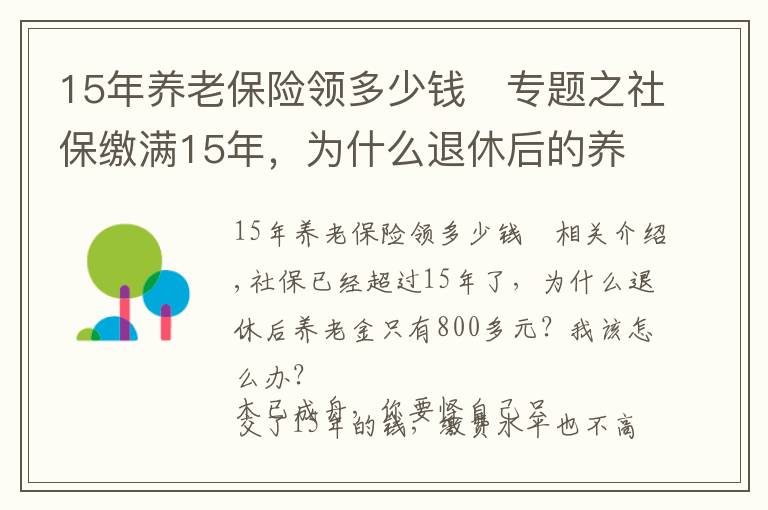 15年养老保险领多少钱	专题之社保缴满15年,为什么退休后的养老金才800多元?应该怎么办?