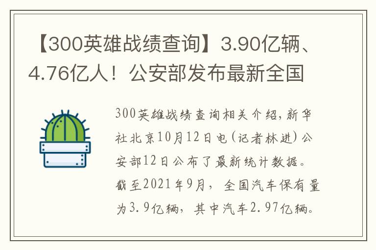 【300英雄战绩查询】3.90亿辆、4.76亿人!公安部发布最新全国机动车和驾驶人数据