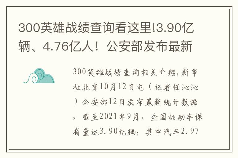 300英雄战绩查询看这里!3.90亿辆、4.76亿人!公安部发布最新全国机动车和驾驶人数据