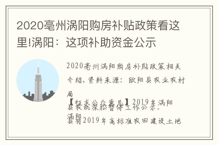 2020亳州涡阳购房补贴政策看这里!涡阳：这项补助资金公示
