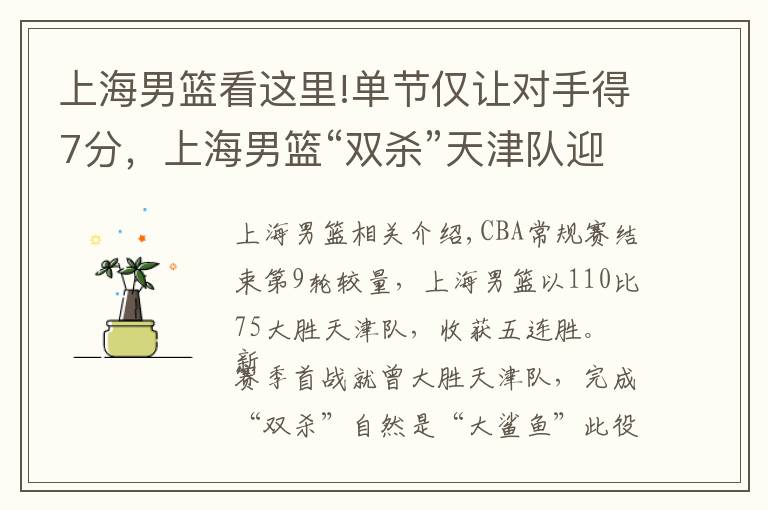 上海男篮看这里!单节仅让对手得7分，上海男篮“双杀”天津队迎五连胜
