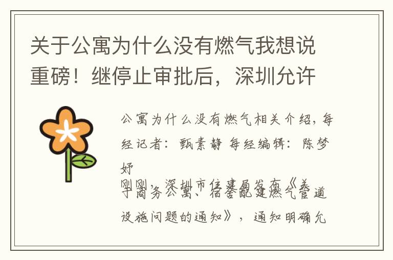 关于公寓为什么没有燃气我想说重磅！继停止审批后，深圳允许商务公寓通燃气 专家：利好租赁，对成交影响不大