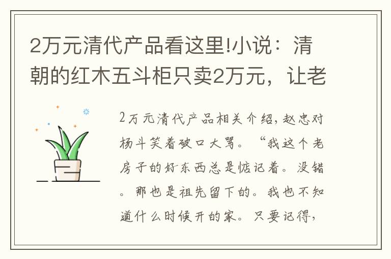 2万元清代产品看这里!小说：清朝的红木五斗柜只卖2万元，让老板娘动心，小伙计：假货