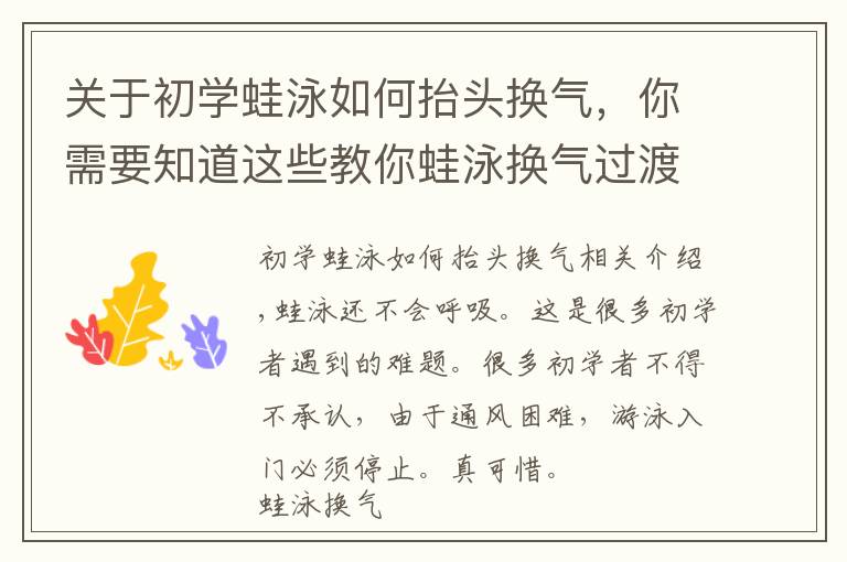 关于初学蛙泳如何抬头换气,你需要知道这些教你蛙泳换气过渡动作