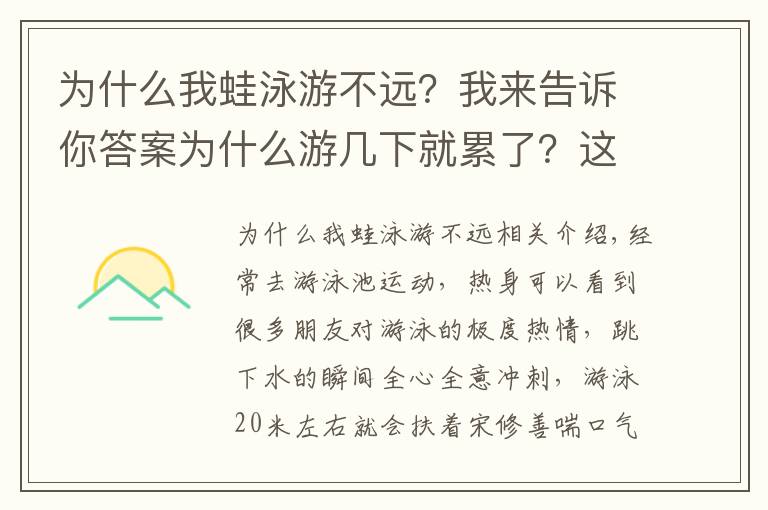 为什么我蛙泳游不远?我来告诉你答案为什么游几下就累了?这个问题我们需要理解一下